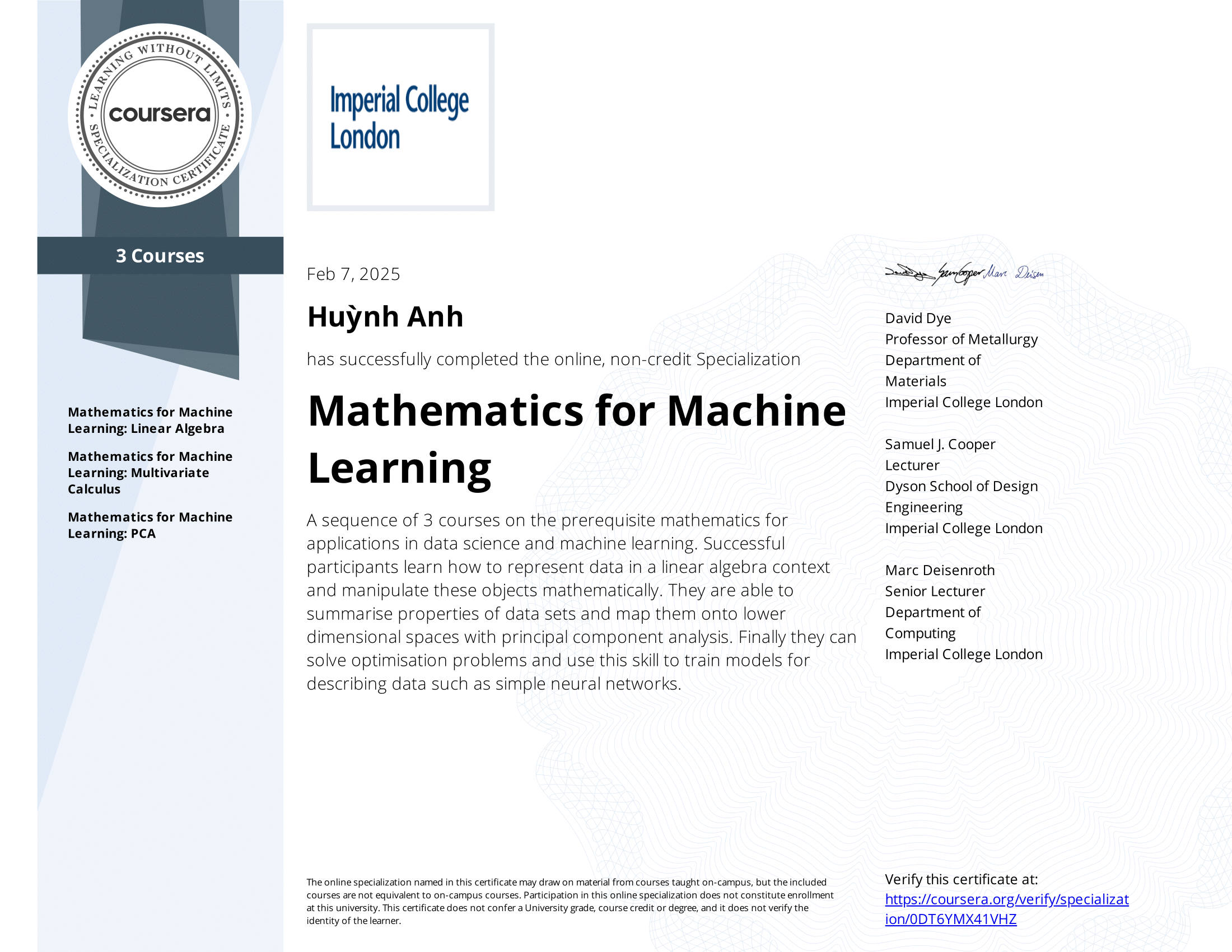 Math for ML Certificate